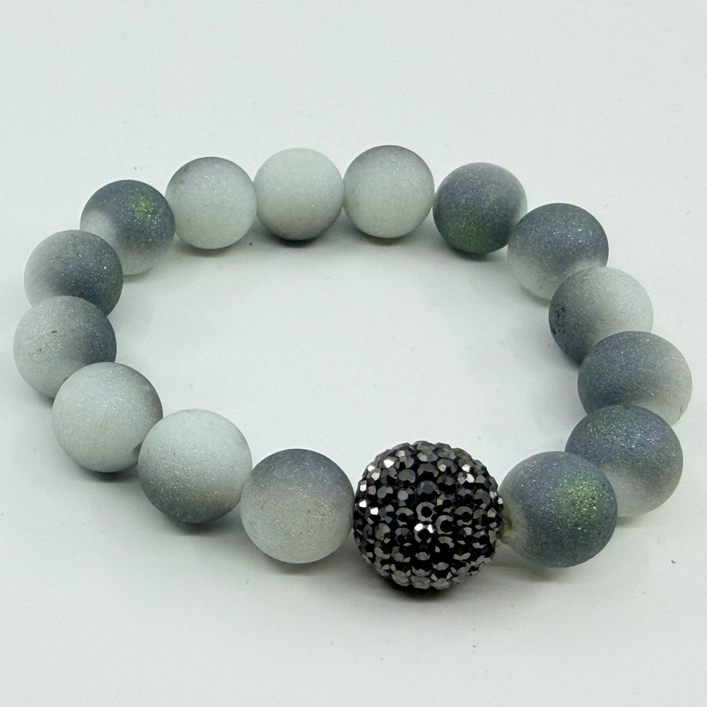 VTG Y2K Frost Ombre Beaded Stretch Bracelet Gray White Sparkle Disco Ball Charm